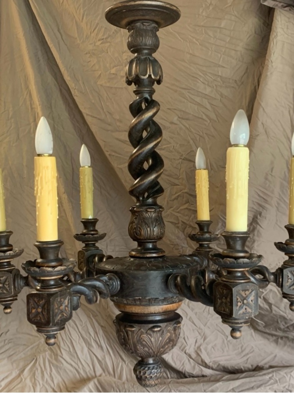 Open Barley twist twisted Wood chandelier 6 lights gorgeous and antique.